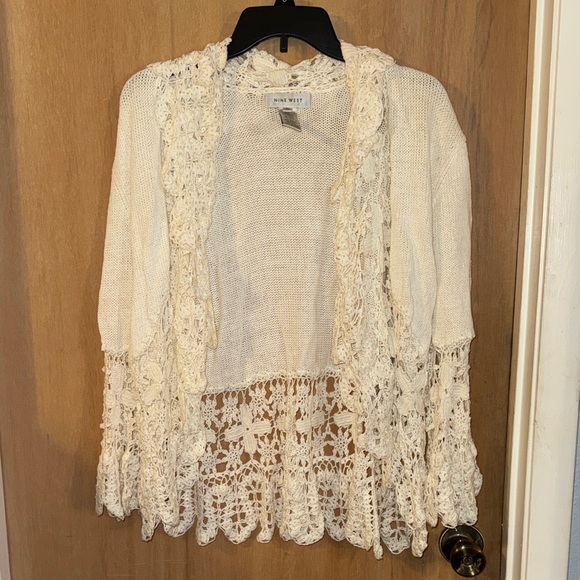 Nine West Sweaters - Vintage Nine West Cream Lace Crochet Cardigan Sweater Detaoled Trim